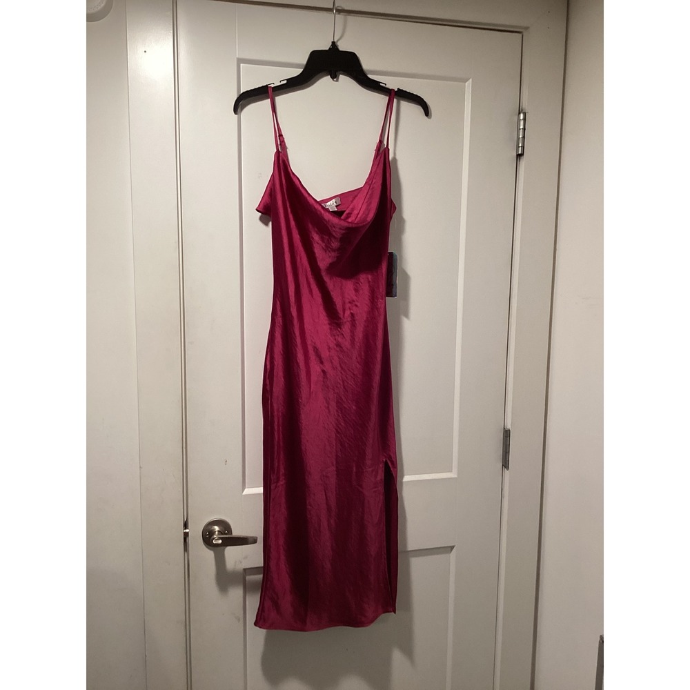 Justify Magenta Pink Satin Cowl Neck Midi Slip Dress Side Slit NWT Size Medium
